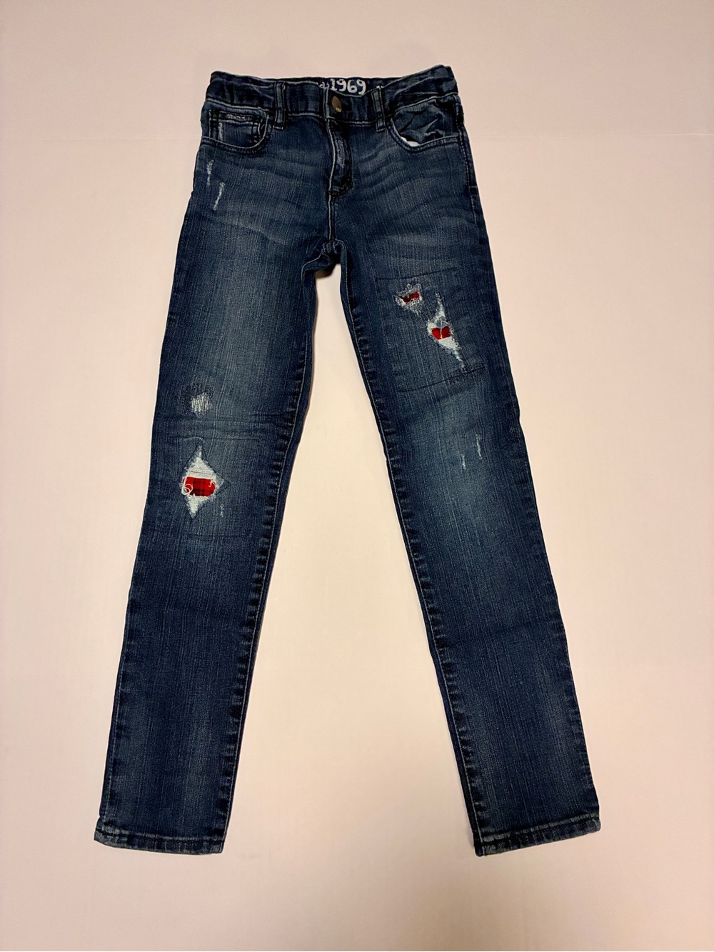 GAP Dark Blue Skinny Jeans with Red Flannel Patch Accents